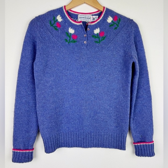 Susan Bristol Vintage Purple Tulip Wool Sweater - Picture 1 of 11